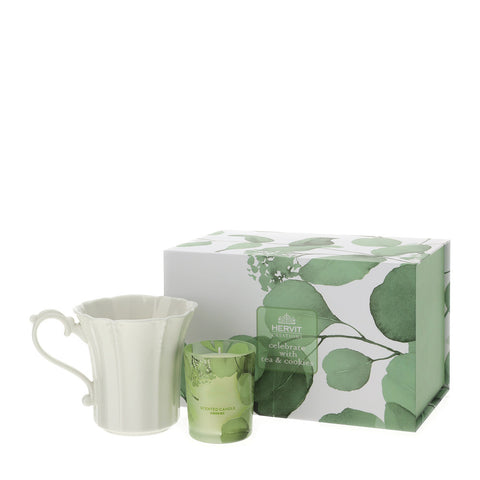 Bomboniera Set Candela 70gr + Mug in Porcellana Botanic Verde