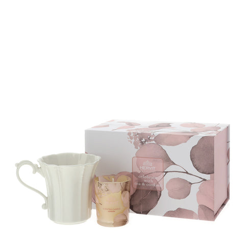 Bomboniera Set Candela 70gr + Mug in Porcellana Botanic Rosa