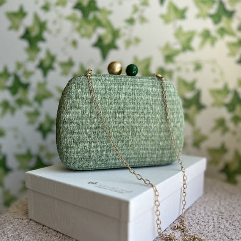 Bomboniera Fiori Di Lena Clutch in Rafia con Tracolla e Scatola Menta