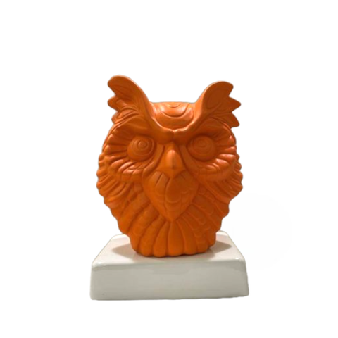 Bomboniera Amagè Statua Gufo in Ceramica H22 cm Arancio con Base Bianca