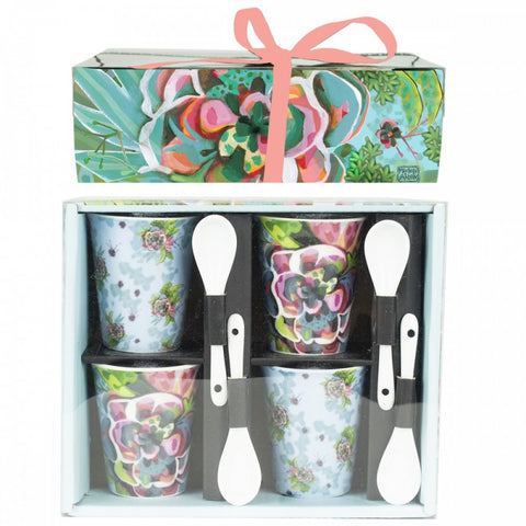 Enesco Set 4 Tazze Fiori con Cucchiaio in Ceramica